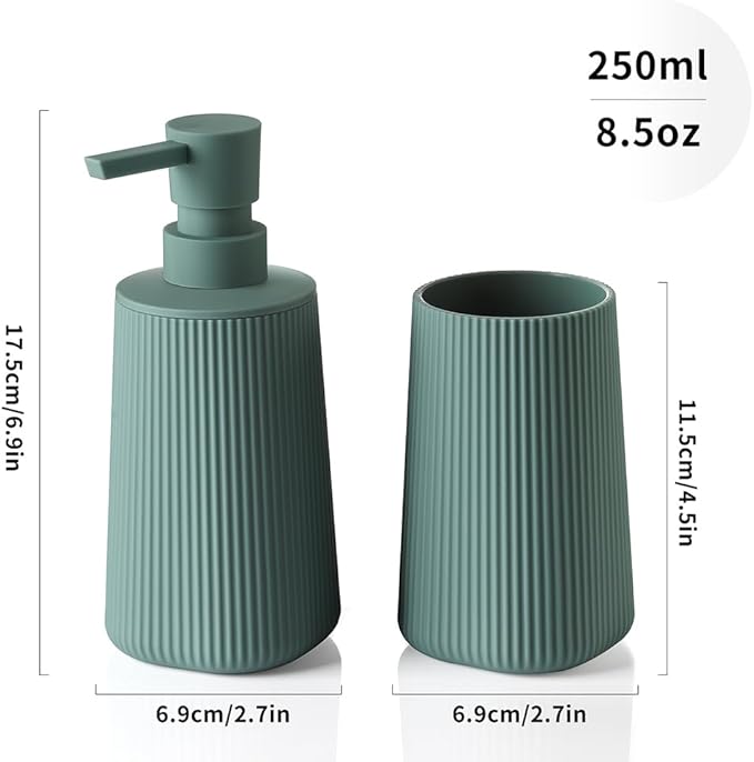 Bathroom Accessories 2 Piece Soap Dispenser and Toothbrush Holder Set Striped Sage Green