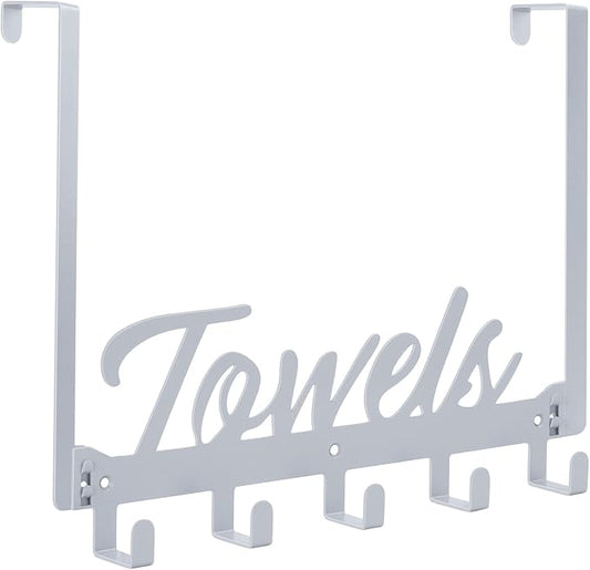 Over The Door Hooks, Towel Rack for Bathroom & Bedroom, Heavy Duty Over Door Towel Hanger with 5 Coat Hooks, Silver