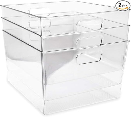 Amyup Set Of 2 Plastic Storage bins,  13.6x9.5x5.7''Versatile Kitchen Pantry Organization and Storage,for Plastic Storage Container Under Bed,Under Sink Bathroom Organizer (Clear, 2 Pack Large