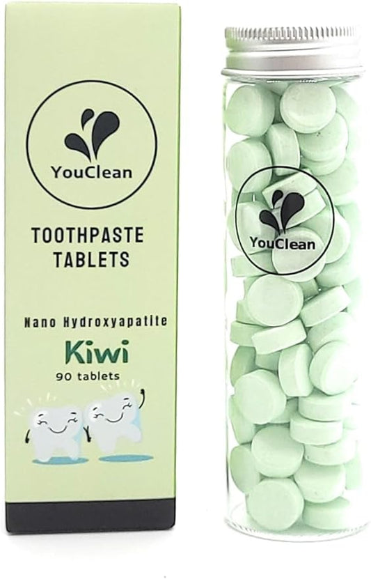 90 Toothpaste Tablets in Refill/Recycle Glass Tube - for Travel and Daily Home Office Use - Nano Hydroxyapatite, Fluoride-Free, Vegan (Kiwi)