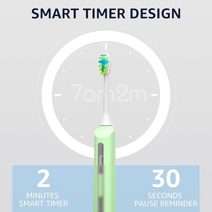 7AM2M Sonic Electric Toothbrush, High Power Rechargeable Toothbrushes, with 8 Brush Heads for Adults and Kids, 15 Adjustable Modes, Built-in 2-Minute Smart Timer, 4 Hours Fast Charge (Light Green)