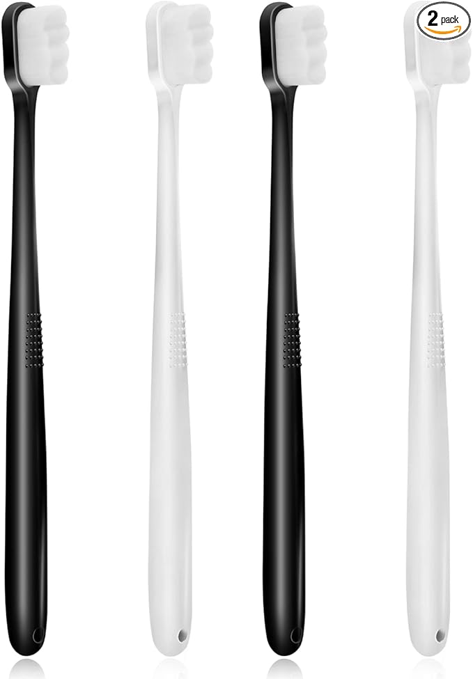 DI QIU REN 4Pcs Extra Soft Toothbrush, Ultra Soft-bristled Adult Toothbrush Micro-Nano 20000 Floss Bristle Good Cleaning Effect for Sensitive Teeth Oral Gum Recession (2 White & 2 Black)