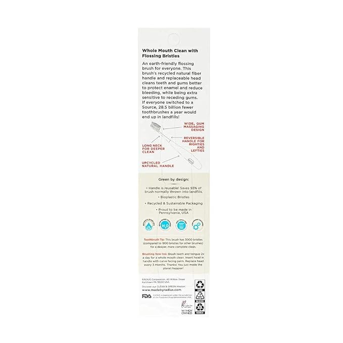RADIUS Toothbrush Source Floss Brush BPA Free & ADA Accepted Improve Gum Health & Reduce Gum Issues - Super Soft - Cornstarch/Wood/Money - Pack of 3