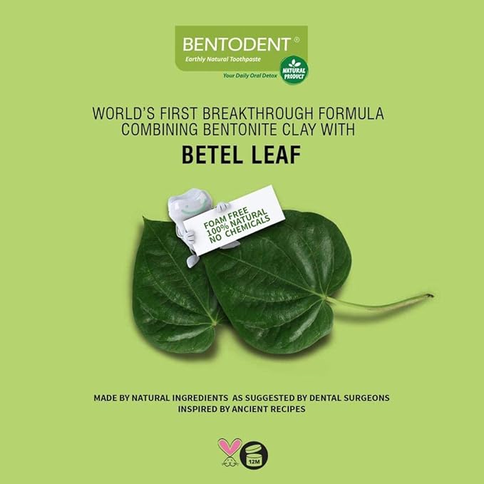 Bentodent Indian Healing Clay Toothpaste with Calcium bentonite Clay, Pure & Organic Ingredients for The Entire Family Including Kids, SLS & Fluoride Free, Vegan, 3.52oz (Betel Leaf Combo)
