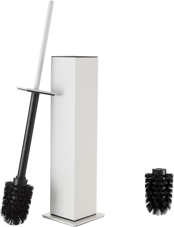 Toilet Brush and Holder Floor Standing, White with 2 Replaceable Heads, Bathroom Toilet Brush, Freestanding Toilet Bowl Brush with Removable Liner and Splash Guard, Modern Square Design