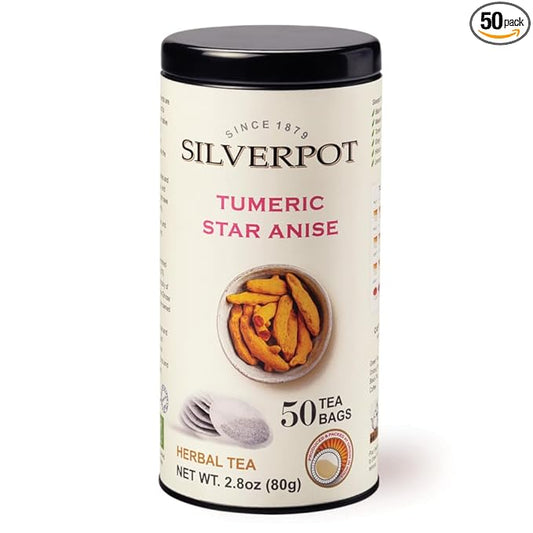 Silverpot Turmeric and Star Anise - 50 Round Tea Bags | Golden Spice, 100% Natural | Caffeine Free | Reusable Tin