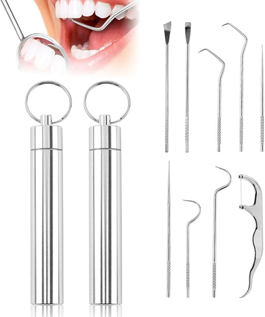 Stainless Steel Toothpick Set, Reusable Metal Toothpicks Cleaning Kit with Holder, Dental Picks Metal Dental Kit Oral Care Tools Toothpicks Pocket Set for Outdoor Picnic Camping Traveling (2 Set -B)