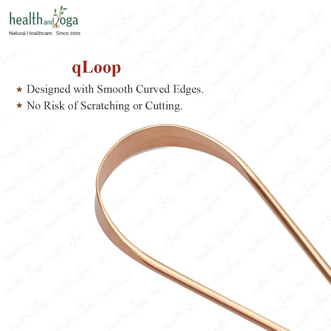 HealthAndYoga™ qLoop Copper Tongue Cleaner - Easy One Hand Use - Larger Surface Coverage - Ayurvedic Copper Health for Fresh Breath and Total Oral Hygiene (Single)