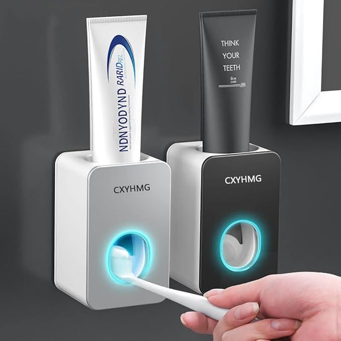 Toothpaste Dispenser, 2 PCS Automatic Toothpaste Squeezer Dispenser for Kids & Family Shower, is Wall Mount Bathroom Accessories with Super Sticky Suction Pad. (Black-Grey)