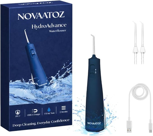 HydroAdvance Cordless Water Flosser for Teeth & Gums | Rechargeable Portable Oral Irrigator for Braces & Travel | Pulse Cleaning with 2 Flossing Tips | Waterproof Dental Care Device (Blue)