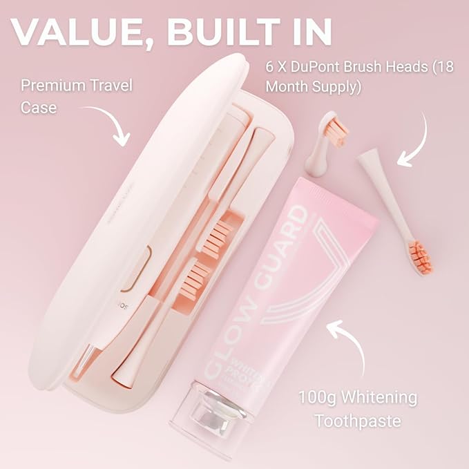 SMILE NOVA Sonic Lux™ Pink Electric Toothbrush for Adults – Luxury Rechargeable Sonic Electric Toothbrush with GlowGuard Nano-Hydroxyapatite Whitening Toothpaste & 6 Brush Heads