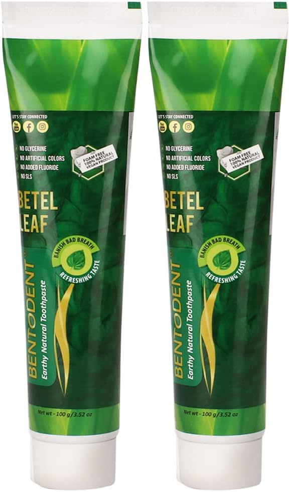 Bentodent Indian Healing Clay Toothpaste with Calcium bentonite Clay, Pure & Organic Ingredients for The Entire Family Including Kids, SLS & Fluoride Free, Vegan, 3.52oz (Betel Leaf Combo)