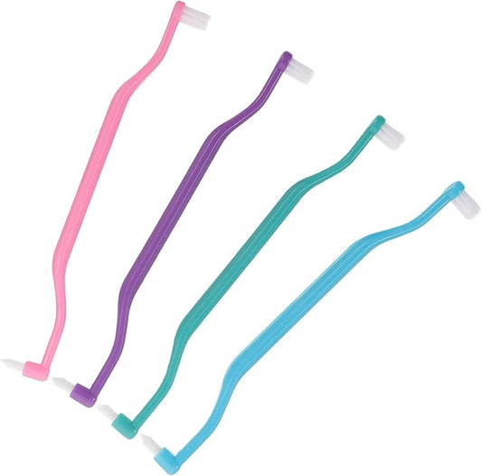 Double-Headed Interdental Toothbrush Set 4pcs, Tapered Manual Tooth Brushes for Travel and Oral Cleaning, Ergonomic Design for Braces and Dentures, Deep Green Blue Pink Purple