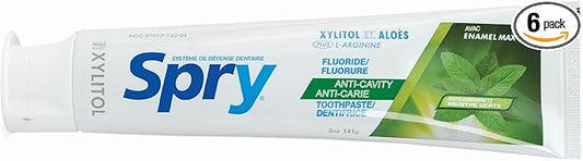 Spry Natural Xylitol Toothpaste 5oz for Adults and Kids with Fluoride, Gentle for Sensitive Teeth Whitening and Remineralizing, Breath Freshening, Mouth Moisturizing, Spearmint (Pack of 6)