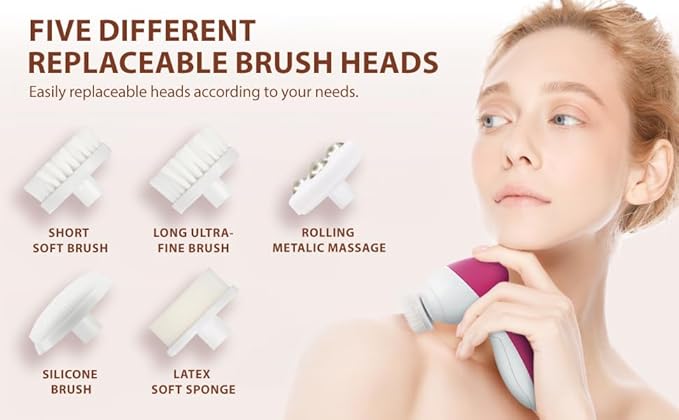 Face Scrubber | Facial Cleansing Brush Exfoliator Skin Care Products Beauty Products Powered Electric Wash Exfoliating Spin Cleanser Cleaning Scrub Including 7 Heads (Rubellite)