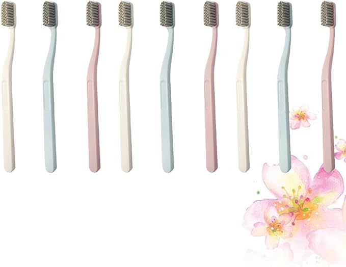 9 Pcs Hard Hair Nylon Toothbrushes for Adults Teeth Cleaning Tool with Curved Handle Multi-Color Pink Sky-Blue Beige Packaged