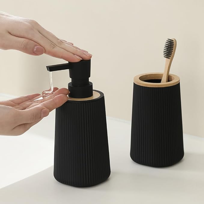 Bathroom Accessories 2 Piece Soap Dispenser and Toothbrush Holder Set Striped with Bamboo Decor Black