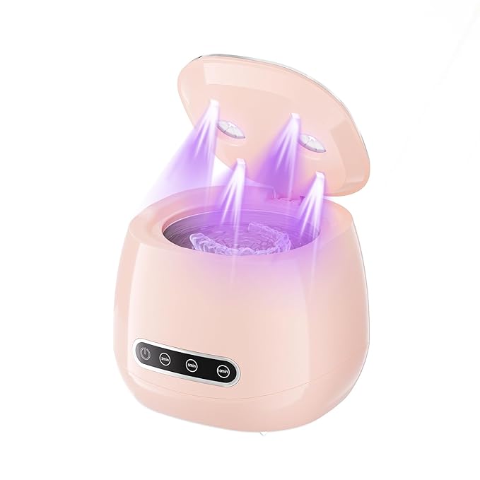 Ultrasonic Retainer Cleaner 48kHz Ultrasonic Cleaner Dental Ultrasonic Retainer Cleaner Machine Dental Cleaning Pod for Denture with Digital Timer, Dual Cleaning Mode for All Dental Appliances (Pink)
