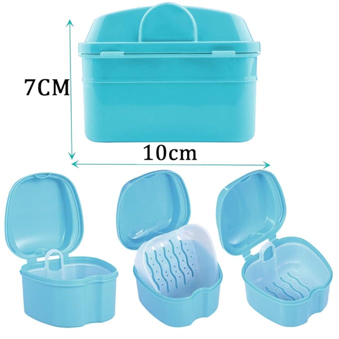 Denture Bath Box Cup, Complete Clean Care for Dentures, Clear Braces, Mouth Guard, Night Guard & Retainers,Traveling (Blue & Purple)