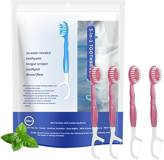 5 in 1 Mini Brushes-Disposable Toothbrushes with Toothpaste + Floss + Pick + Tongue Scraper | Travel Size | Individually Wrapped | Soft | Mint | Travel Set (Peach, 26 pcs)
