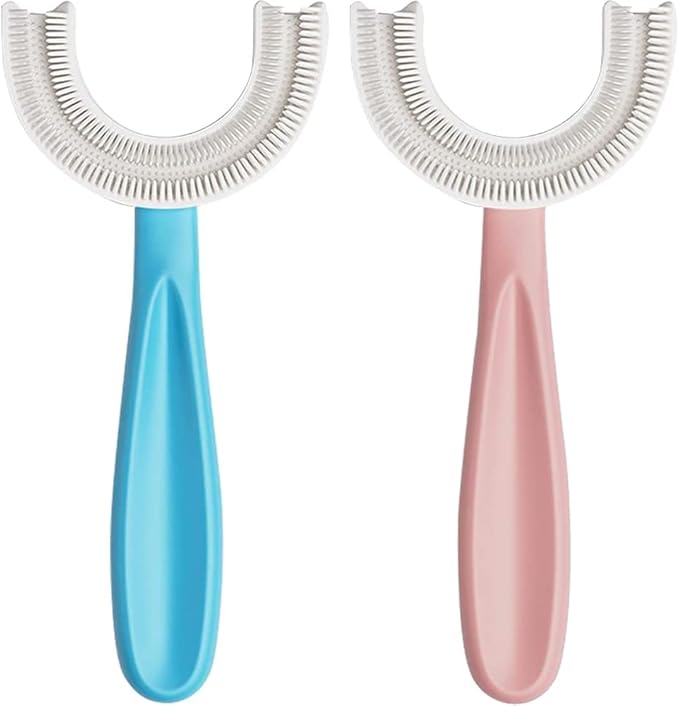 YOTEE U-Shaped Toothbrush Kids 2 PCS - Toddler Toothbrush with Food Grade Soft Silicone Brush Head, Manual Whole Mouth Tooth Brush for Kids Age 6-12(Blue+Pink)