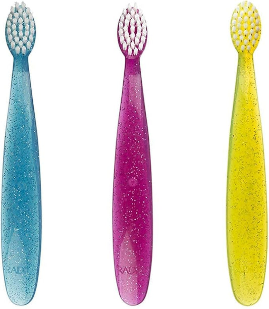RADIUS Children's Toothbrush, Totz Brush, Extra Soft Bristles, Blue/Coral/Yellow, BPA Free & ADA Accepted, Designed for Delicate Teeth & Gums for Children 18 Months & Up, Pack of 3