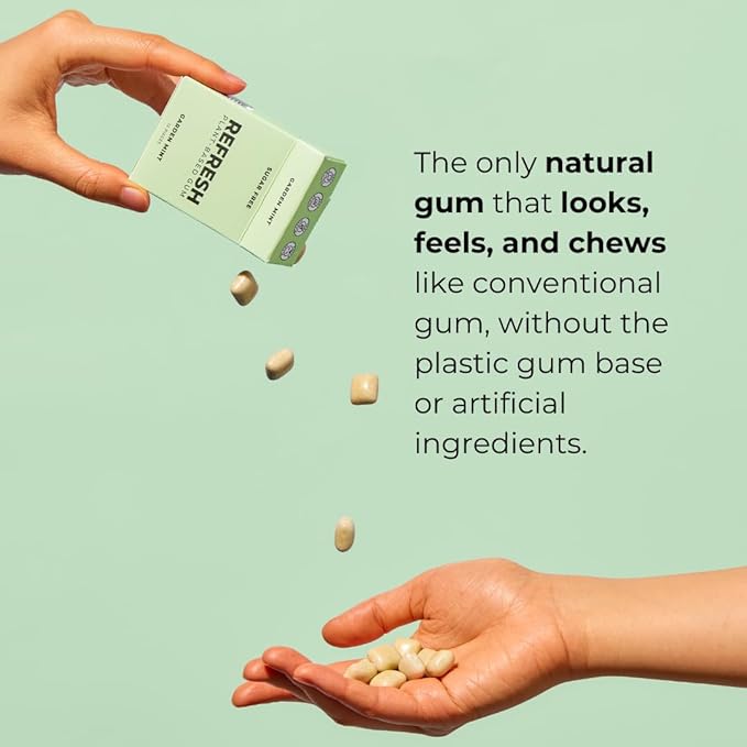 Refresh Gum, Xylitol, Natural, Sugar Free, Plastic Free, Organic Ingredients, Non GMO, Peppermint, Garden Mint, Bubble Gum, Peach & Raspberry Variety Pack, 12 Pcs, 6 Pack