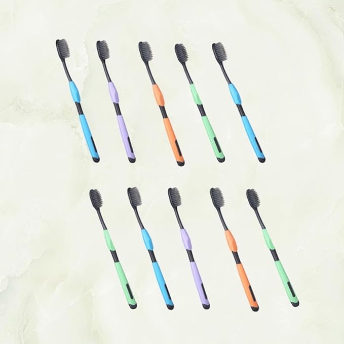 10Pcs Household Charcoal Toothbrushes Gentle Thin Bristles Oral Care Cleaning Brush Mixed Colors Comfortable Grip Non-Slip Handles for Bathroom Accessories