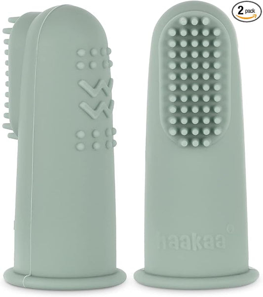 haakaa Silicone Baby Finger Toothbrush, Oral Care for Infants&Babies&Toddlers&Kids, Soft Food Grade Silicone, 0 Months+, 2 Pack, Pea Green