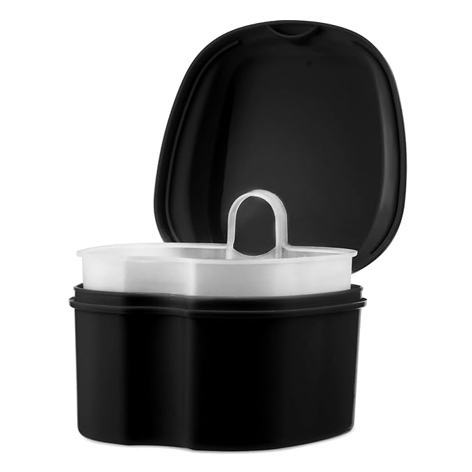 Annhua Denture Cup Retainer Cleaning Case Denture Soaking Container With Strainer Basket, Denture Cups For Soaking Dentures Mouthguard Storage Holder - Black