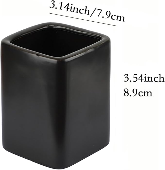 Black Ceramic Square Toothbrush Cup – Durable Black Toothbrush Holder for Bathroom, Hotel & Office Desk Storage – Modern Bathroom Countertop Holder for Toothpaste, Razors & Daily Essentials