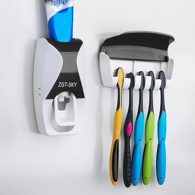 Toothbrush Holder Toothpaste Dispenser Set, Wall Mounted Automatic Hands-Free Toothpaste Dispenser, for Family Washroom Bathroom(黑色)