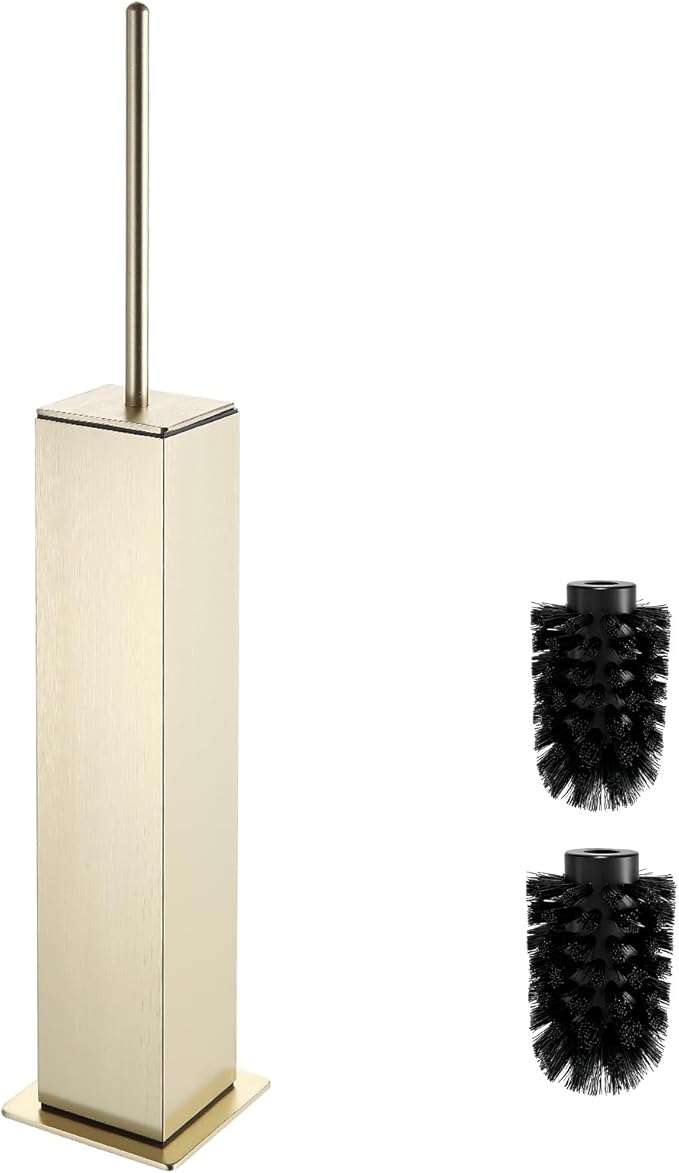 Toilet Brush and Holder Floor Standing, Brushed Gold with 2 Replaceable Heads, Bathroom Toilet Brush, Freestanding Toilet Bowl Brush with Removable Liner and Splash Guard, Modern Square Design