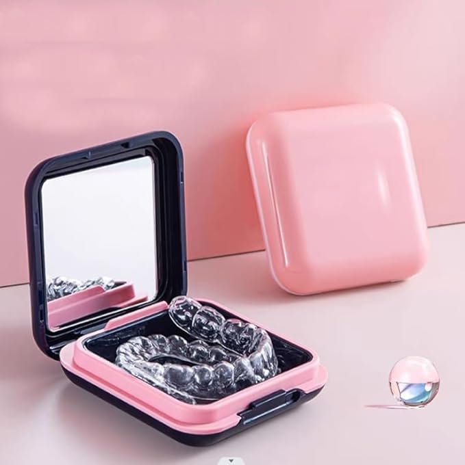Retainer Case,Cute Mouthguard Case with Mirror,Slim Night Mouth Guard Case with Lid Hinge,Aligner Case,Inner Size 2.56, 2.36, 0.79inch