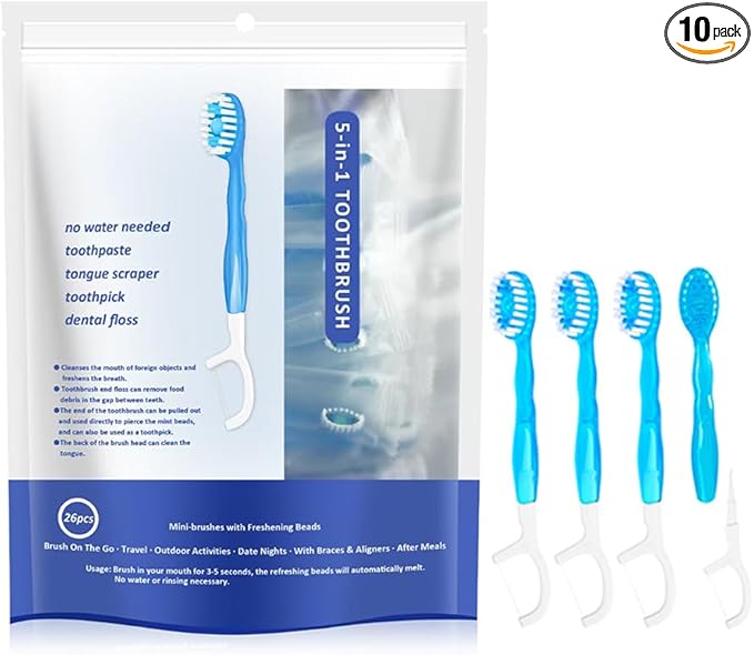 5 in 1 Mini Disposable Toothbrushes with Toothpaste Individually Wrapped Portable Travel Toothbrush with Toothpaste + Tongue Scraper + Picks+Floss Travel Case (Mint, 26)