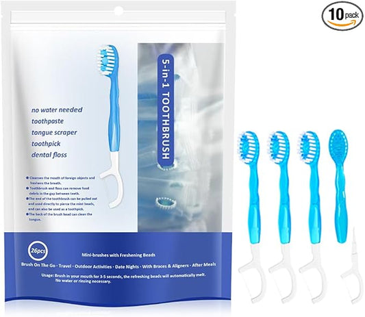 5 in 1 Mini Disposable Toothbrushes with Toothpaste Individually Wrapped Portable Travel Toothbrush with Toothpaste + Tongue Scraper + Picks+Floss Travel Case (Mint, 26)