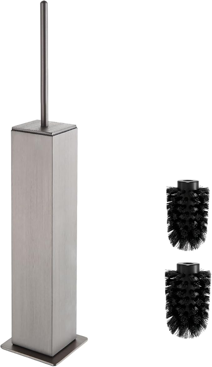 Toilet Brush and Holder Floor Standing, Brushed Nickel with 2 Replaceable Heads, Freestanding Toilet Bowl Brush with Removable Liner and Splash Guard, Modern Square Design