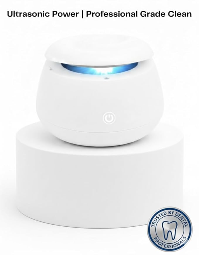 FIONA JAMES 48kHz Ultrasonic Retainer Cleaner with UV | Professional Sonic Dental Cleaning Pod for Aligner, Night Guard, Denture & Jewelry | White