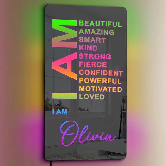 Personalized Affirmation Mirror - I Am Mirror - LED Name Light Up Sign for Wall - RGB Light - Handmade for Bedroom