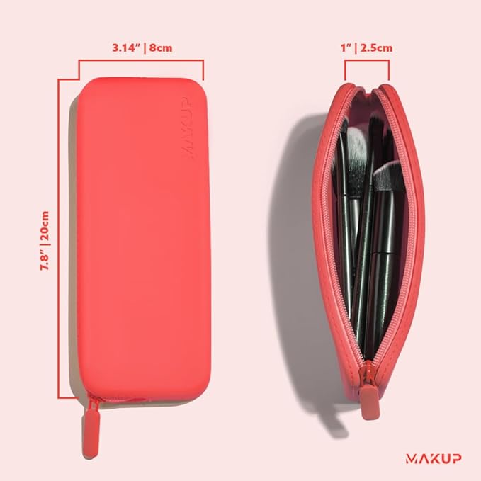 MAKUP Silicone Makeup Bag, Makeup Brush Holder with Zipper for Organizing Cosmetics, Makeup Brushes, Tools and Pencils, Washable Makeup Brush Holder Pouch for Travel (Watermelon Sugar)