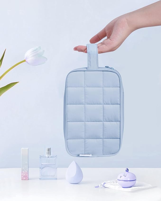 Narwey Puffy Travel Toiletry Bag for Traveling Women Girl, Travel Bag for Toiletries, Cute Travel Makeup Bag Organizer, Quilted Cosmetic Bag Make Up Skincare Medicine Bags