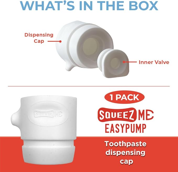 SqueezMe EasyPump Toothpaste Dispenser Cap - Self Closing Silicone Toothpaste Cap for Kids & Adults - No-Mess, Standing Design - Universal Fit for Tubes Up to 230g - Push-On, No-Twist Easy Install