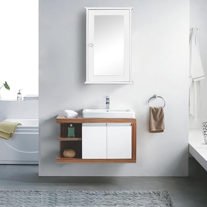 Bonnlo Bathroom Cabinet Wall Mount Mirrored Medicine Cabinet Storage Organizer with Single Door and 2 Adjustable Shelves White