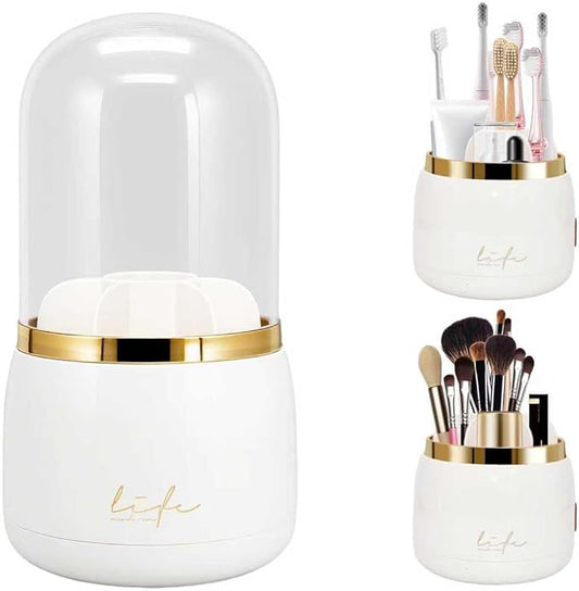 Toothbrush Holders with Cover,Dustproof 360 Rotating 7 Slots Toothpaste Holder for Bathroom Organizer Countertop,Makeup Brushes Organizer,Bathroom Accessories (White)