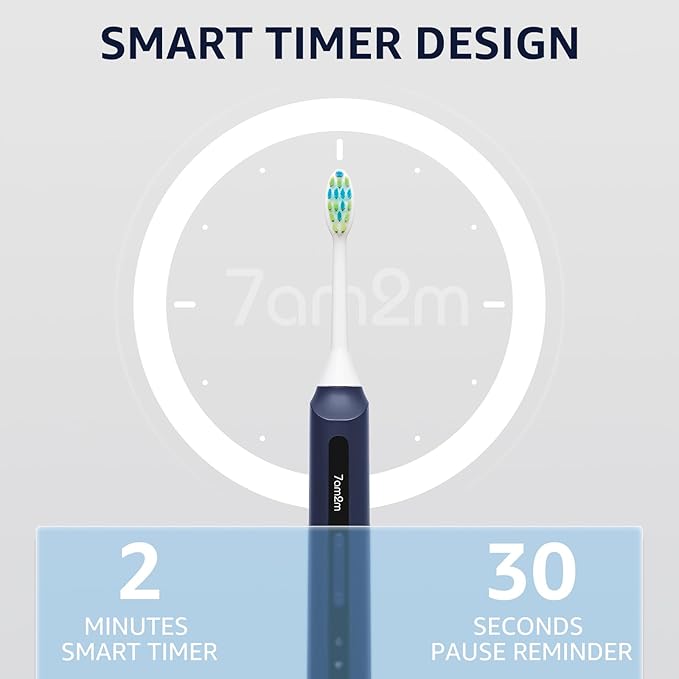 7AM2M Sonic Electric Toothbrush, High Power Rechargeable Toothbrushes, with 8 Brush Heads for Adults and Kids, 15 Adjustable Modes, Built-in 2-Minute Smart Timer, 4 Hours Fast Charge(Navy Blue)