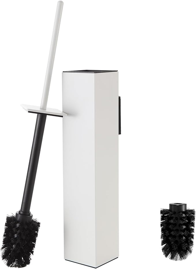 Toilet Brush and Holder Wall Mounted, White Aluminum with 2 Replaceable Heads, Bathroom Toilet Brush, Drill or 3M Adhesive Mount for Bathroom