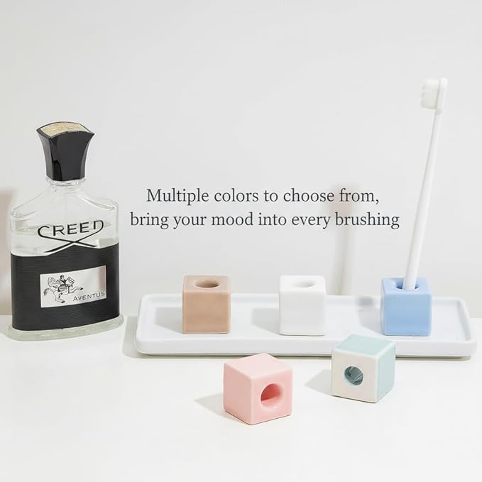 AirMoon Mini Square Ceramic Toothbrush Holder for Bathroom - Pink Small Countertop Organizer, Easy Clean Toothbrush Stand, Suit for Electric Toothbrush Head, Pens & Coffee Spoon