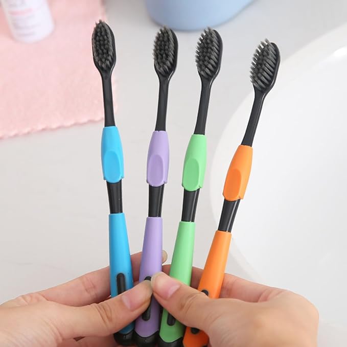10Pcs Household Charcoal Toothbrushes Gentle Thin Bristles Oral Care Cleaning Brush Mixed Colors Comfortable Grip Non-Slip Handles for Bathroom Accessories