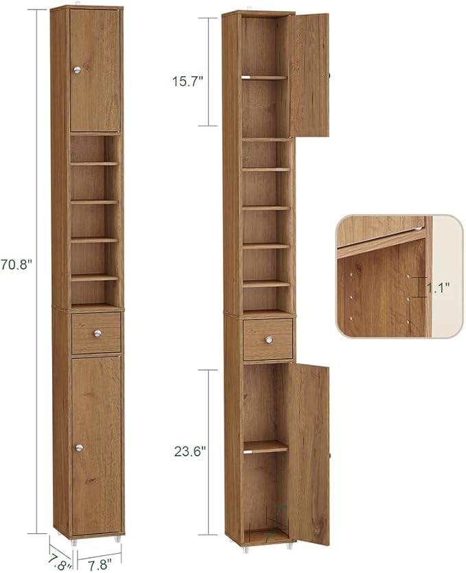 SoBuy Bathroom Narrow Storage Cabinet Skinny Tall Unit with Adjustable Shelves Slender Anti-Tipping Floor Standing Cupboard, Natural BZR34-PF