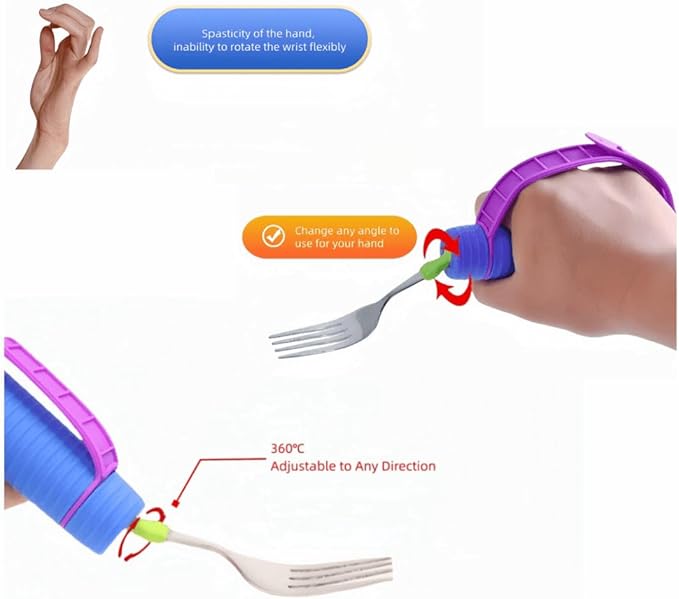 Bendable Adaptive Utensils Spoons Forks Set,Left and Right Handed, for Hand Tremors & Muscle Weakness,Arthritis,Stroke,Parkinson,360 Degree Rotation Weighted Rubber Strap,Eating & Drinking Aids